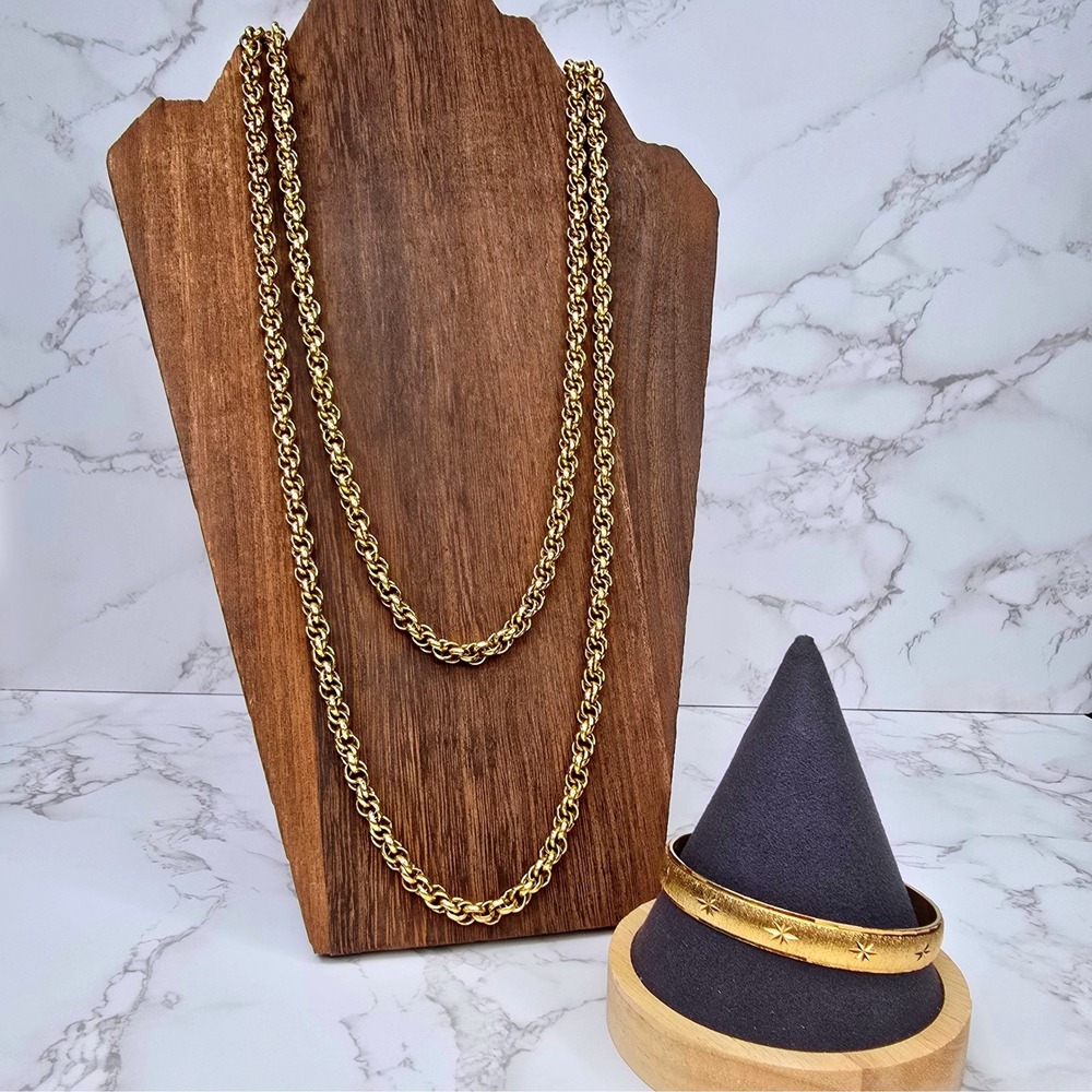 Vintage Monet Gold Tone 54 Inch Long Rope Chain Necklace Monet Starburst Bangle